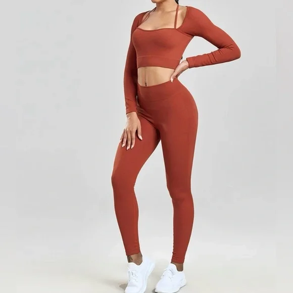 Womens Two Pieces Solid Seamless Long Sleeve Crop Top And Legging - Picture 3 of 4